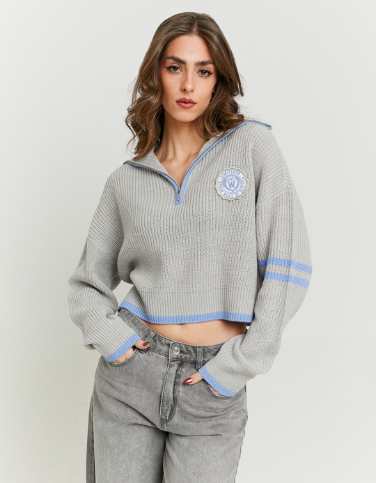 TALLY WEiJL, Grauer Strickpullover mit blauen Streifen for Women