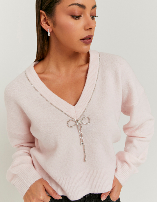 TALLY WEiJL, Gestrickter pinker Pullover mit Strass-Schleife for Women
