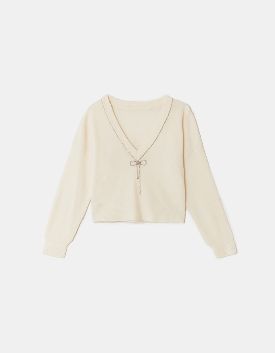 TALLY WEiJL, Gestrickter weisser Pullover mit Strass-Schleife for Women