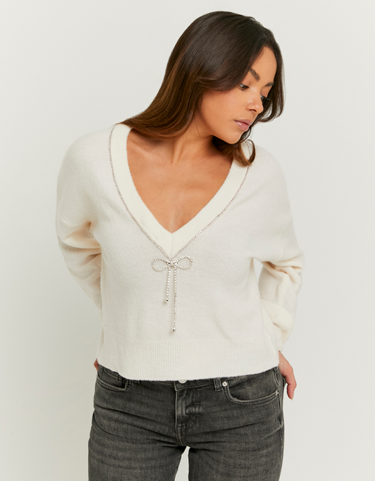 TALLY WEiJL, Gestrickter weisser Pullover mit Strass-Schleife for Women