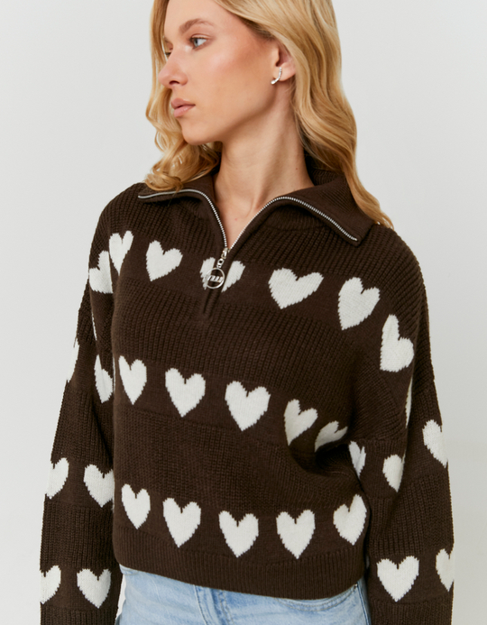 TALLY WEiJL, Brown Knitted Zip-Up Jumper with Hearts for Women