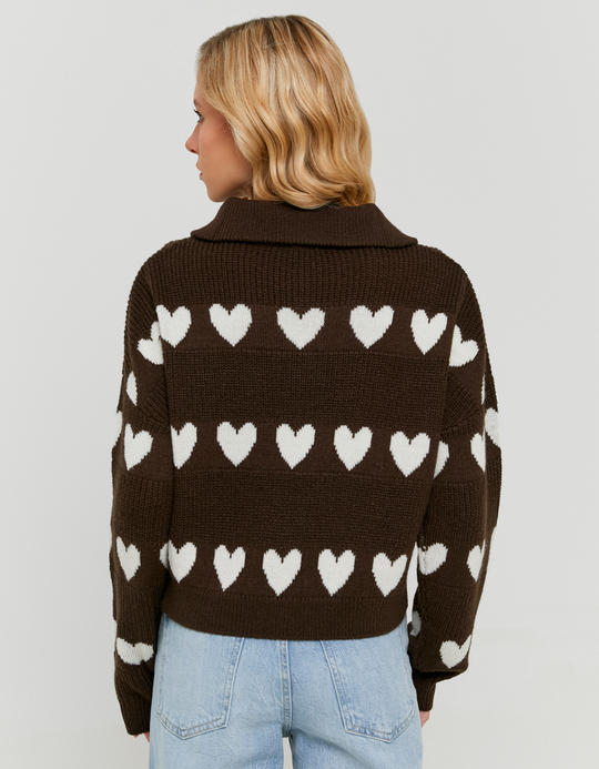 TALLY WEiJL, Brown Knitted Zip-Up Jumper with Hearts for Women