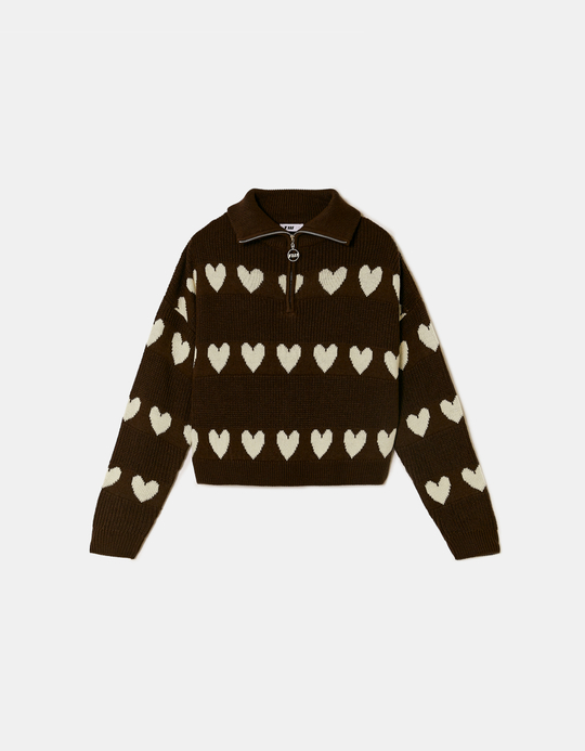 TALLY WEiJL, Brown Knitted Zip-Up Jumper with Hearts for Women