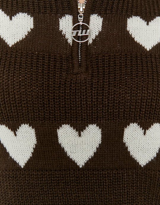 TALLY WEiJL, Brown Knitted Zip-Up Jumper with Hearts for Women