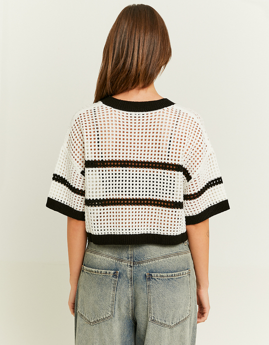 TALLY WEiJL, White with Black Stripes Crochet Pullover for Women