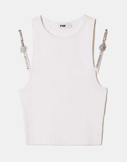 TALLY WEiJL, Top Blanc en Maille avec Strass sur les Bandes for Women
