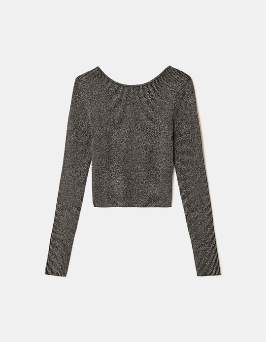 TALLY WEiJL, Grey Lurex Knit Top with Open Back for Women