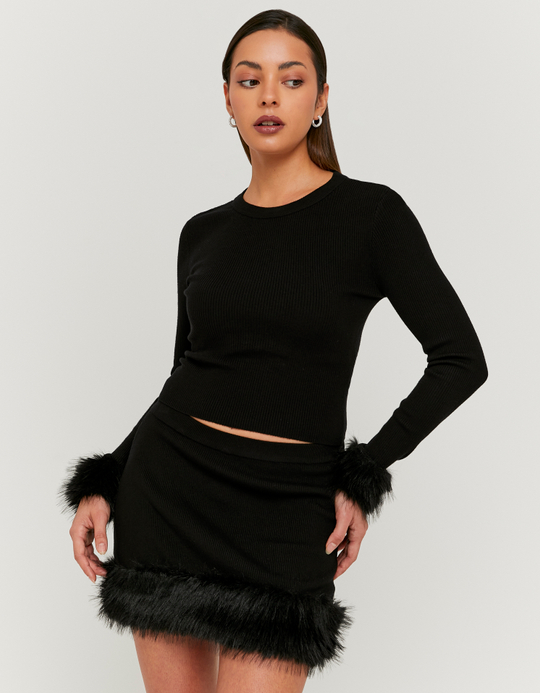 TALLY WEiJL, Maglione Nero in Maglia con Dettagli in Pelliccia Sintetica for Women