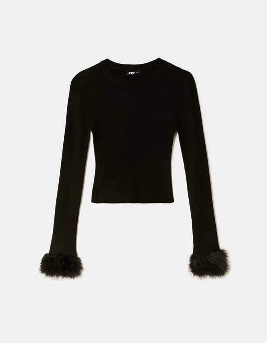 TALLY WEiJL, Black Knit Jumper with Faux Fur Details for Women