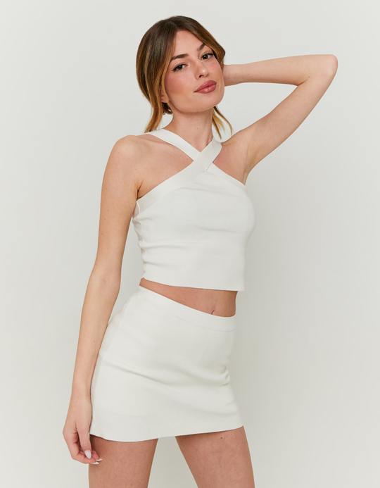 TALLY WEiJL, White Knitted Top with Crossed Straps for Women