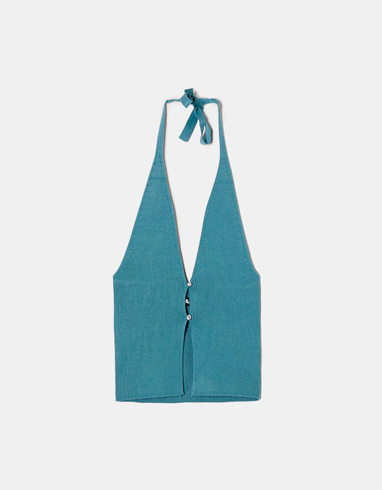 TALLY WEiJL, Gestricktes Blaues Halter Neck Top mit Strass for Women