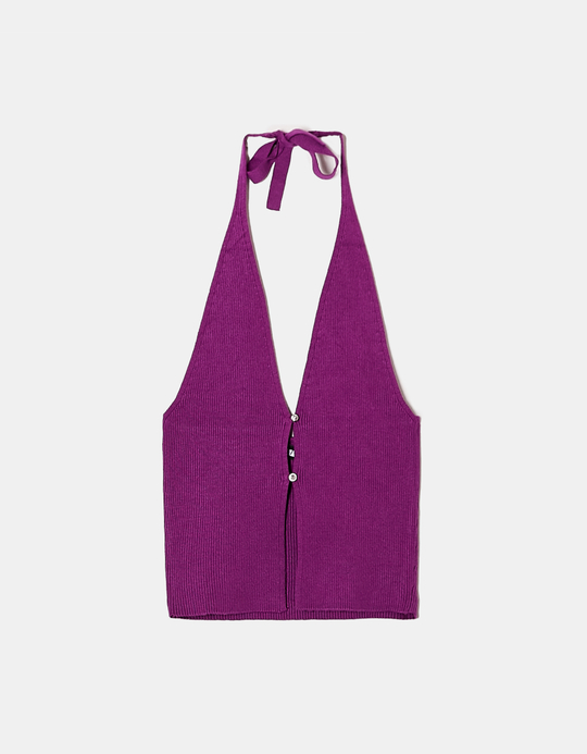 TALLY WEiJL, Halter neck knitted Purple Top with Strass for Women