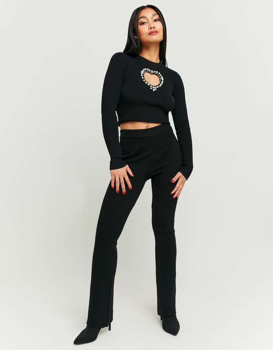 TALLY WEiJL, Maglione Aderente Nero con Cut out a Cuore e Strass for Women