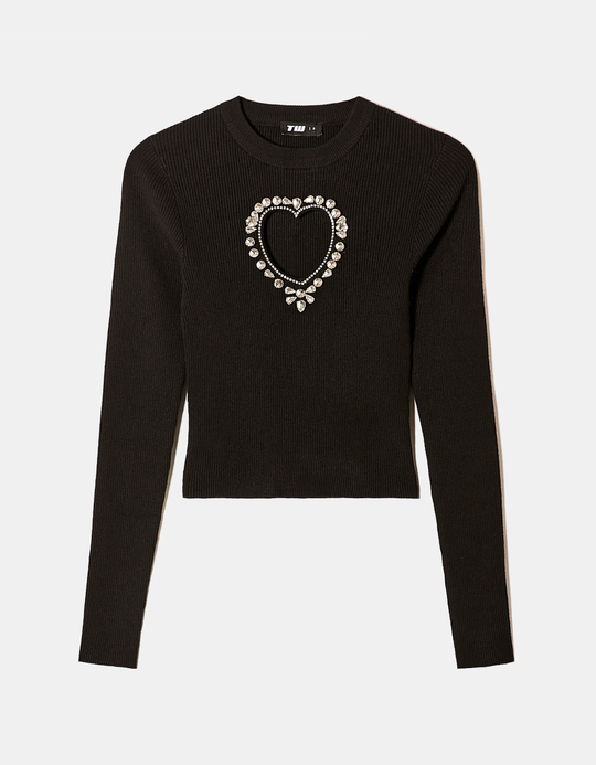 TALLY WEiJL, Maglione Aderente Nero con Cut out a Cuore e Strass for Women