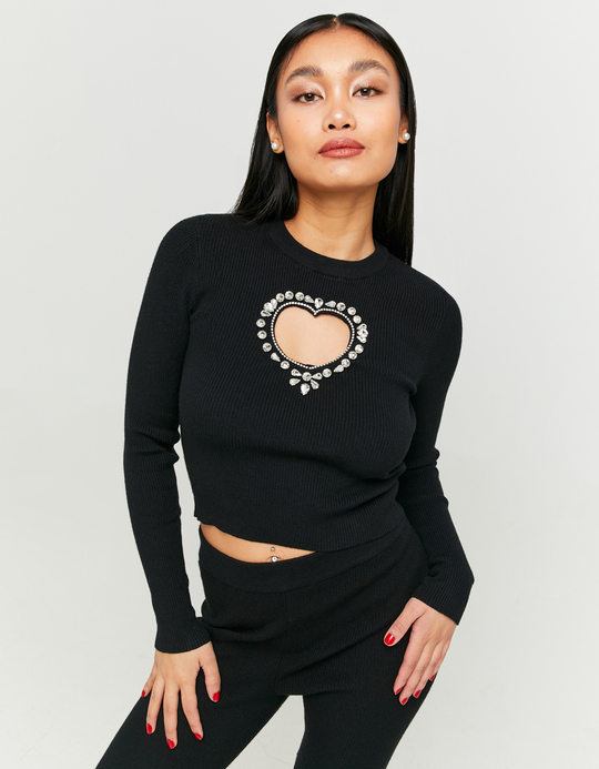 TALLY WEiJL, Maglione Aderente Nero con Cut out a Cuore e Strass for Women