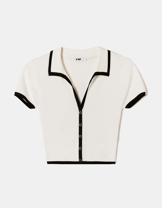 TALLY WEiJL, White Knitted Polo Top with Contrast Trims for Women
