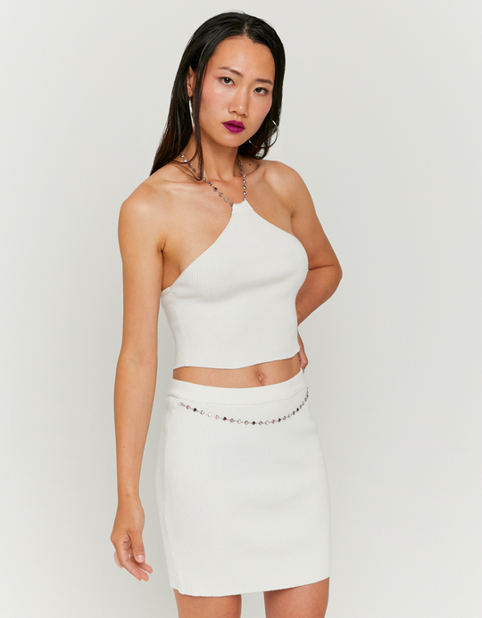 TALLY WEiJL, White Knitted Top Openback with Rhinestones Necklace for Women