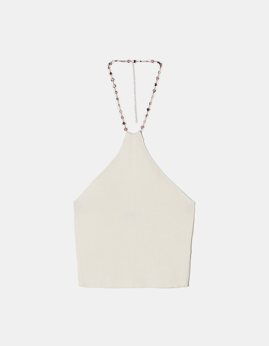 TALLY WEiJL, White Knitted Top Openback with Rhinestones Necklace for Women