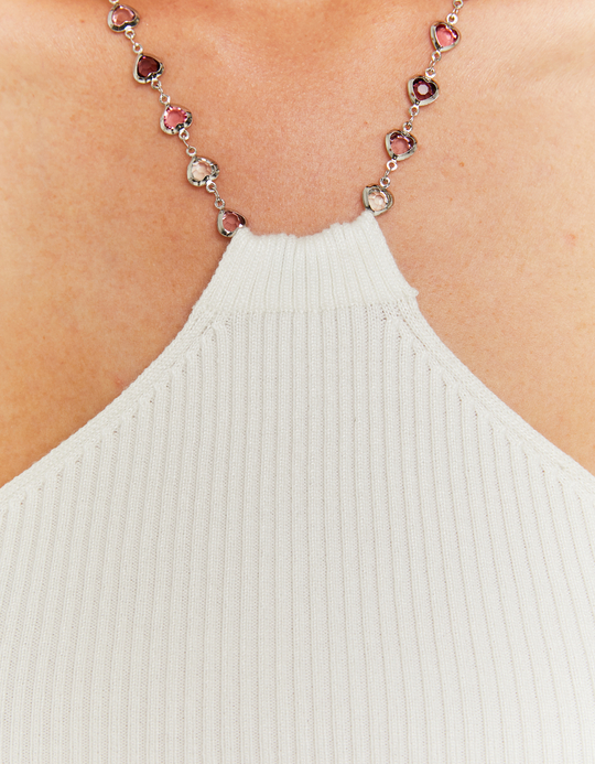 TALLY WEiJL, White Knitted Top Openback with Rhinestones Necklace for Women