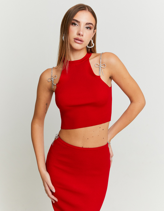 TALLY WEiJL, Top Rosso in Maglia con Spalline Cristalli for Women