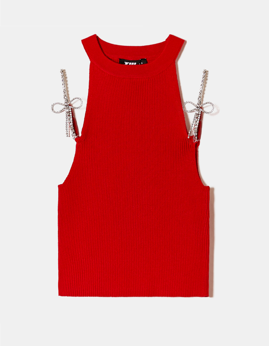 TALLY WEiJL, Top en Maille Rouge avec Bretelles en Strass for Women
