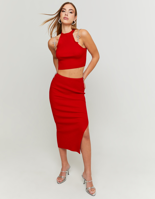 TALLY WEiJL, Top en Maille Rouge avec Bretelles en Strass for Women