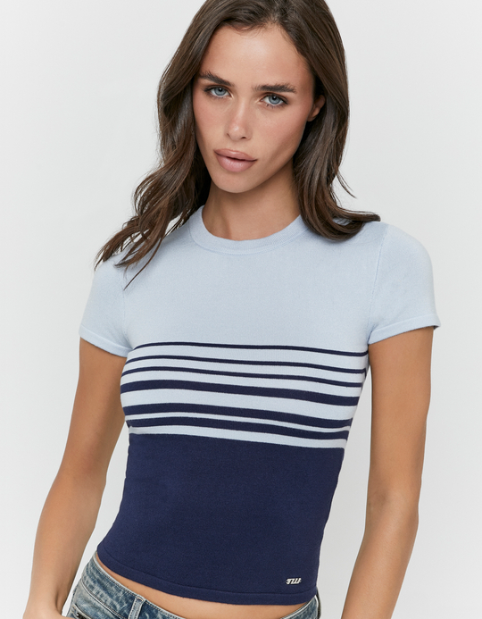TALLY WEiJL, Blue Striped Cropped T-Shirt for Women