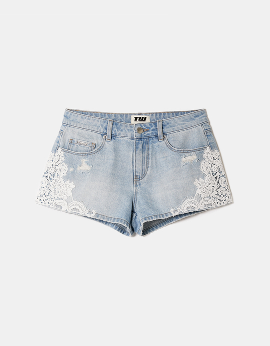 TALLY WEiJL, Blue Low Waist Denim Shorts with Lace for Women