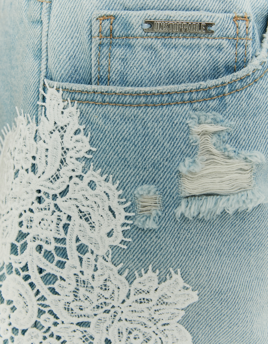 TALLY WEiJL, Shorts in Denim Blu a Vita Bassa con Pizzo for Women