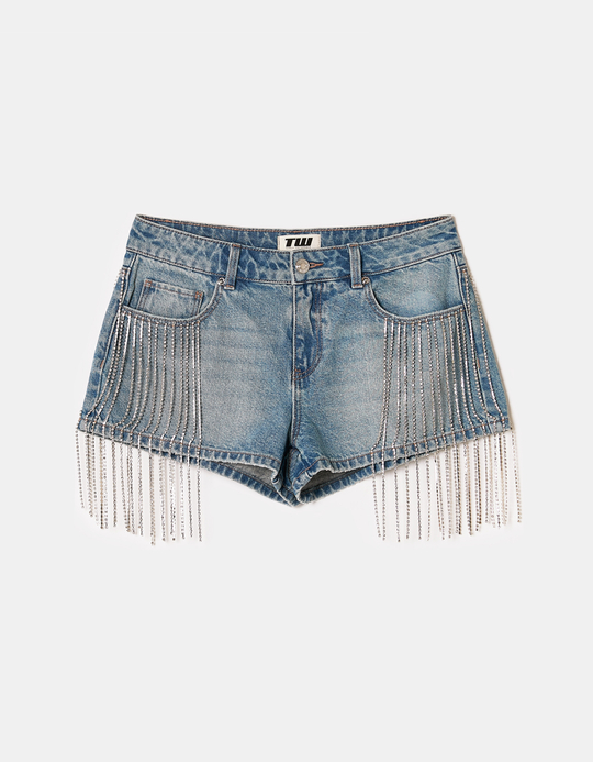 TALLY WEiJL, Denim Mini Shorts with Rhinestone for Women