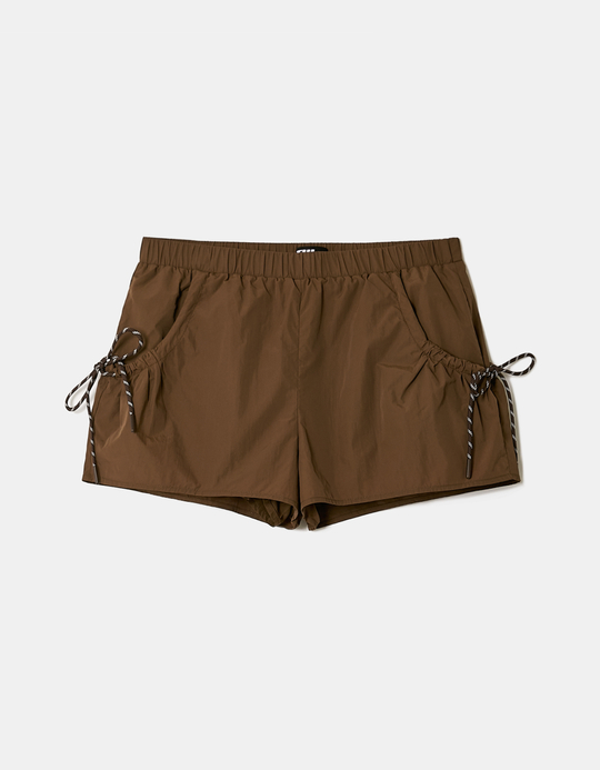 TALLY WEiJL, Brown Mid-Waist Mini Shorts with Bow for Women