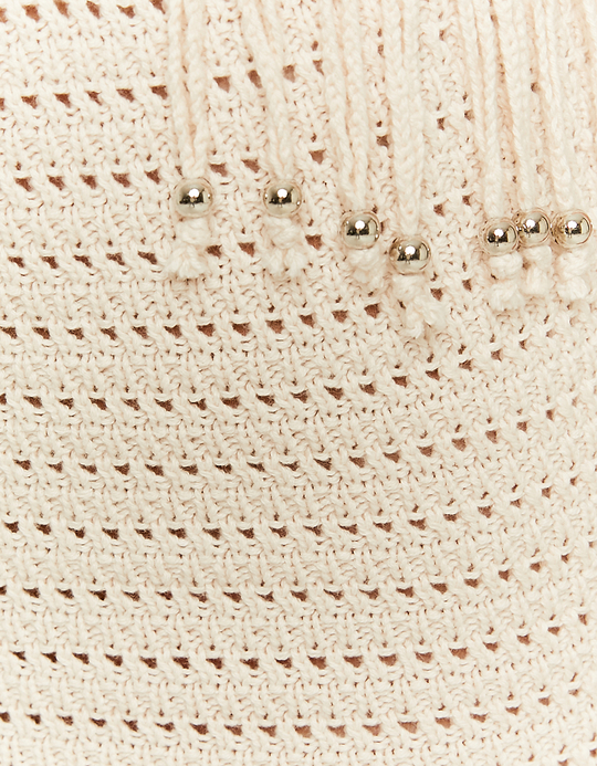 TALLY WEiJL, Beige Crochet Mini Skirt with Beads Application and Fringes for Women