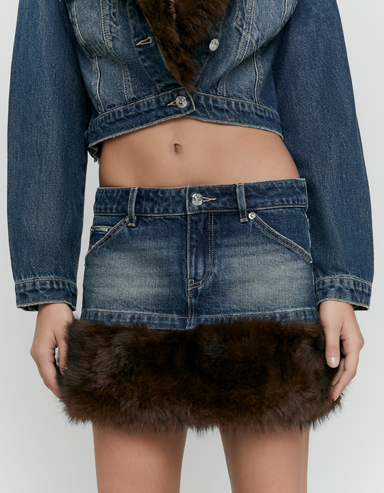 TALLY WEiJL, Minigonna in Denim Blu con Pelliccia Sintetica for Women