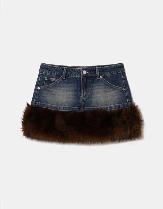 TALLY WEiJL, Minigonna in Denim Blu con Pelliccia Sintetica for Women
