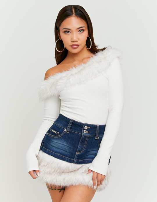 TALLY WEiJL, Blue Denim  Mini Skort with Faux Fur for Women