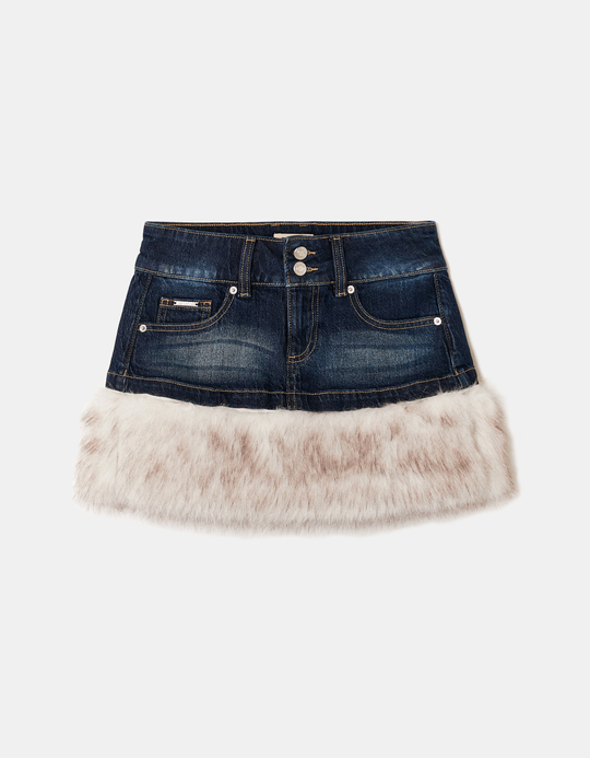 TALLY WEiJL, Blue Denim  Mini Skort with Faux Fur for Women