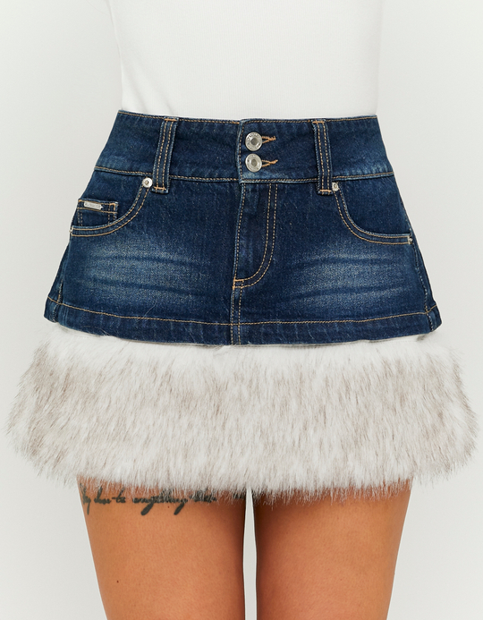 TALLY WEiJL, Blue Denim  Mini Skort with Faux Fur for Women