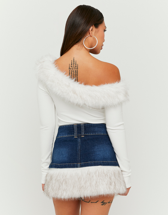 TALLY WEiJL, Blue Denim  Mini Skort with Faux Fur for Women