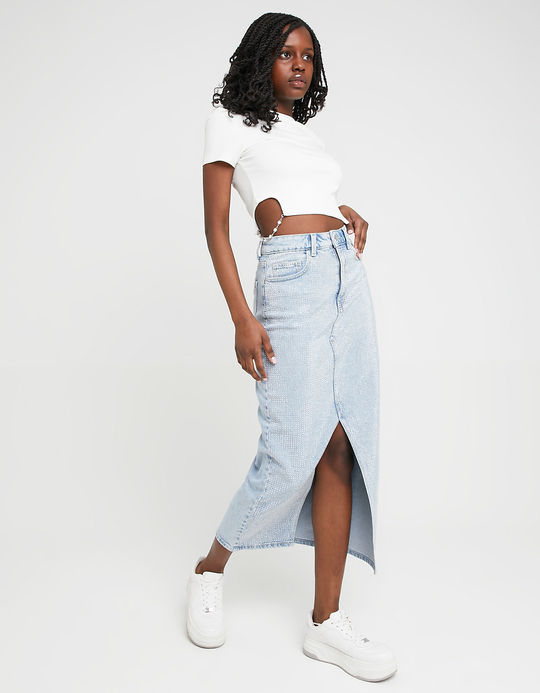 TALLY WEiJL, High Waist Midi Denim Rock mit Strass for Women