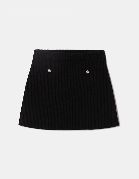 TALLY WEiJL, Black Ribbed Knit A-Line Mini Skirt for Women