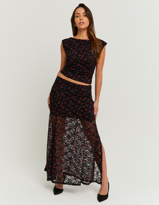 TALLY WEiJL, Black and Red Floral Lace Long Skirt for Women