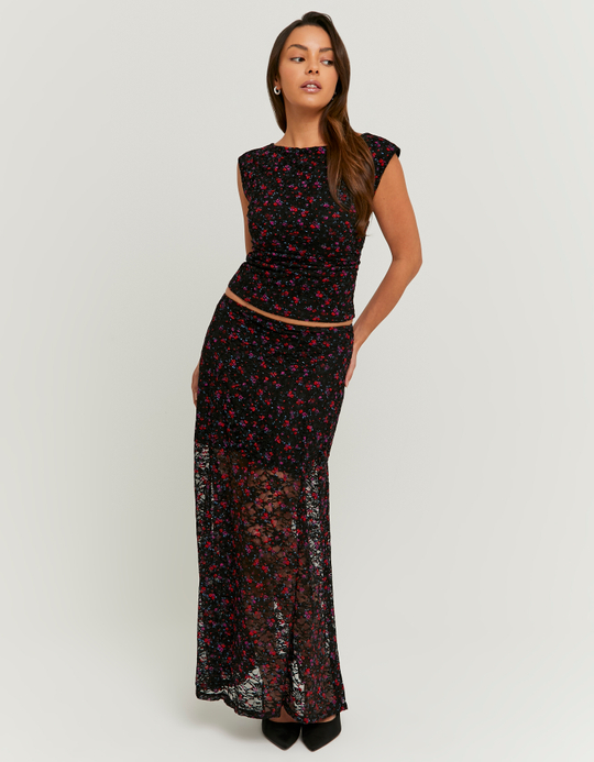 TALLY WEiJL, Jupe Longue En Dentelle Noire À Fleurs Rouges for Women