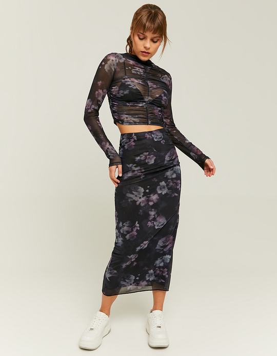 TALLY WEiJL, Jupe midi en mesh à fleurs noires for Women