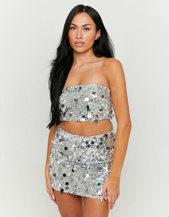 TALLY WEiJL, Silver Sequined Mini Skirt with Maxi Paillettes for Women