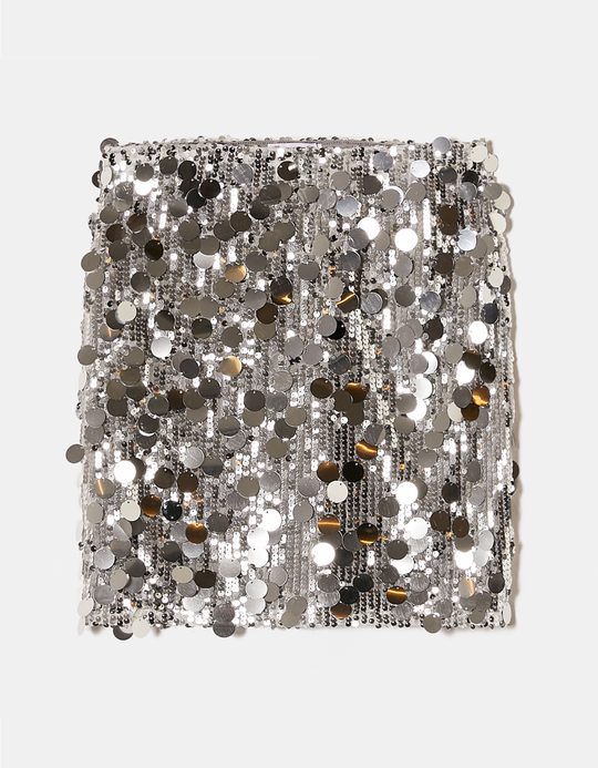 TALLY WEiJL, Silver Sequined Mini Skirt with Maxi Paillettes for Women