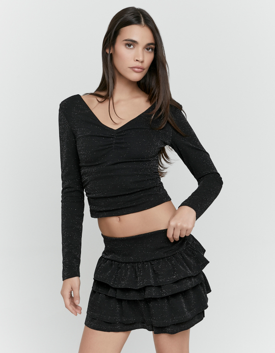 TALLY WEiJL, Schwarzer Shimmer-Hosenrock aus Lurex mit Rüschen for Women