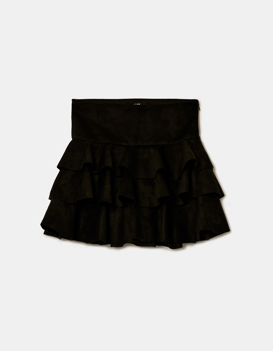 TALLY WEiJL, Mini Jupe-Short Noire en Suédine avec Volants for Women