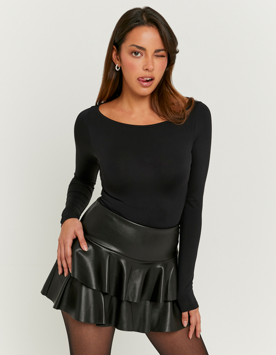 TALLY WEiJL, Black Faux Leather Mini Skort with Ruffles for Women