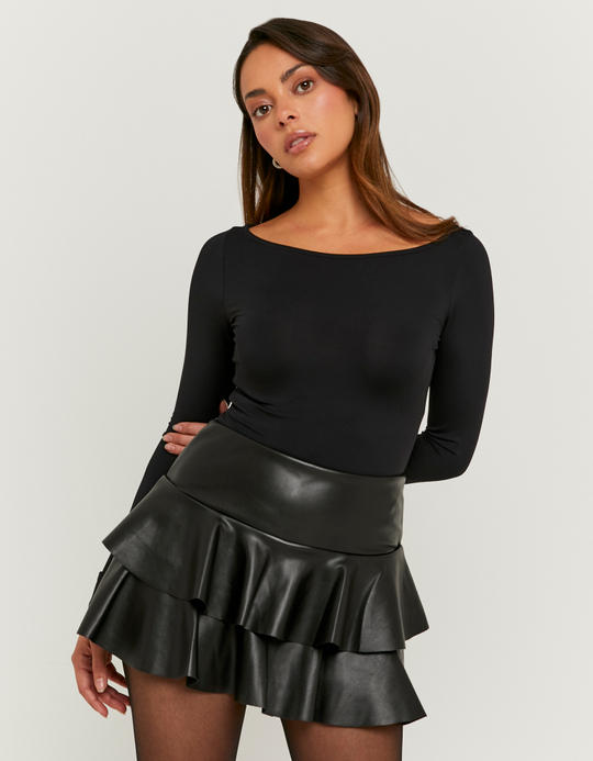 TALLY WEiJL, Black Faux Leather Mini Skort with Ruffles for Women