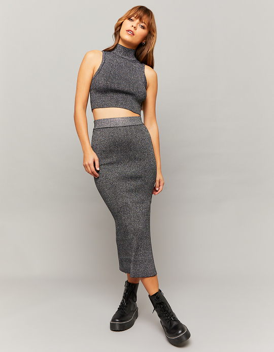 TALLY WEiJL, Knit Lurex Midi Skirt with Slit for Women